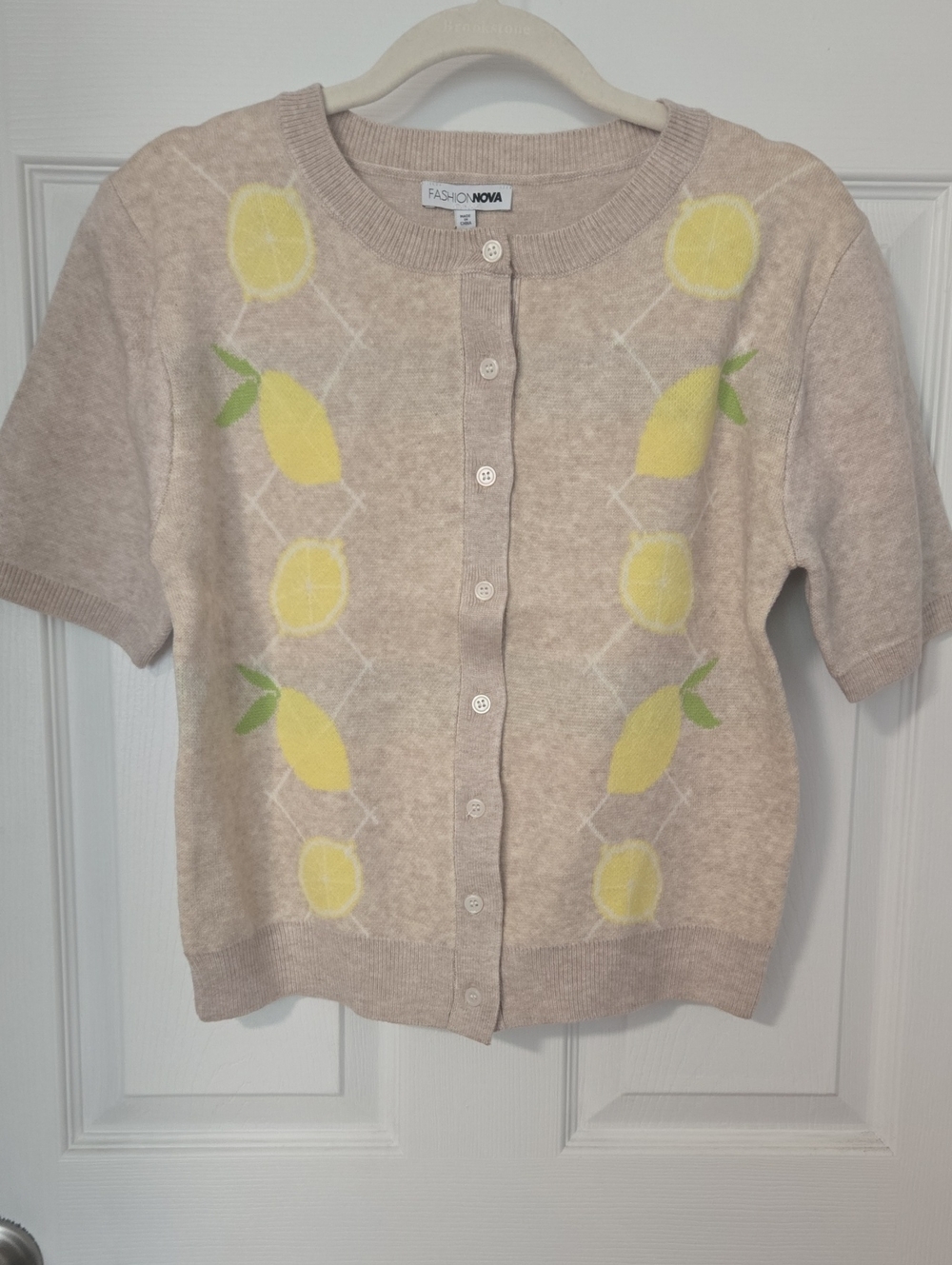 Fashion Nova Beige Knit Cardigan with Yellow Lemon Motif